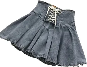 Summer Lace Up A Line Skirt Women's Sexy High Waist Denim Pleated Mini Skirt