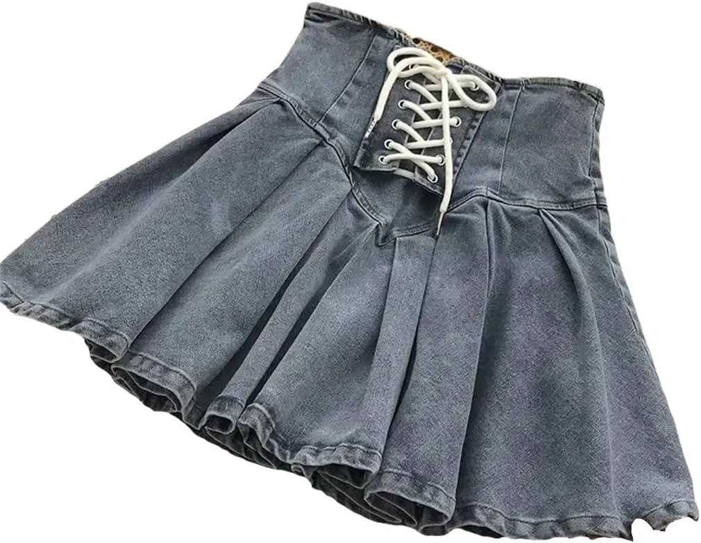 Summer Lace Up A Line Skirt Women's Sexy High Waist Denim Pleated Mini Skirt