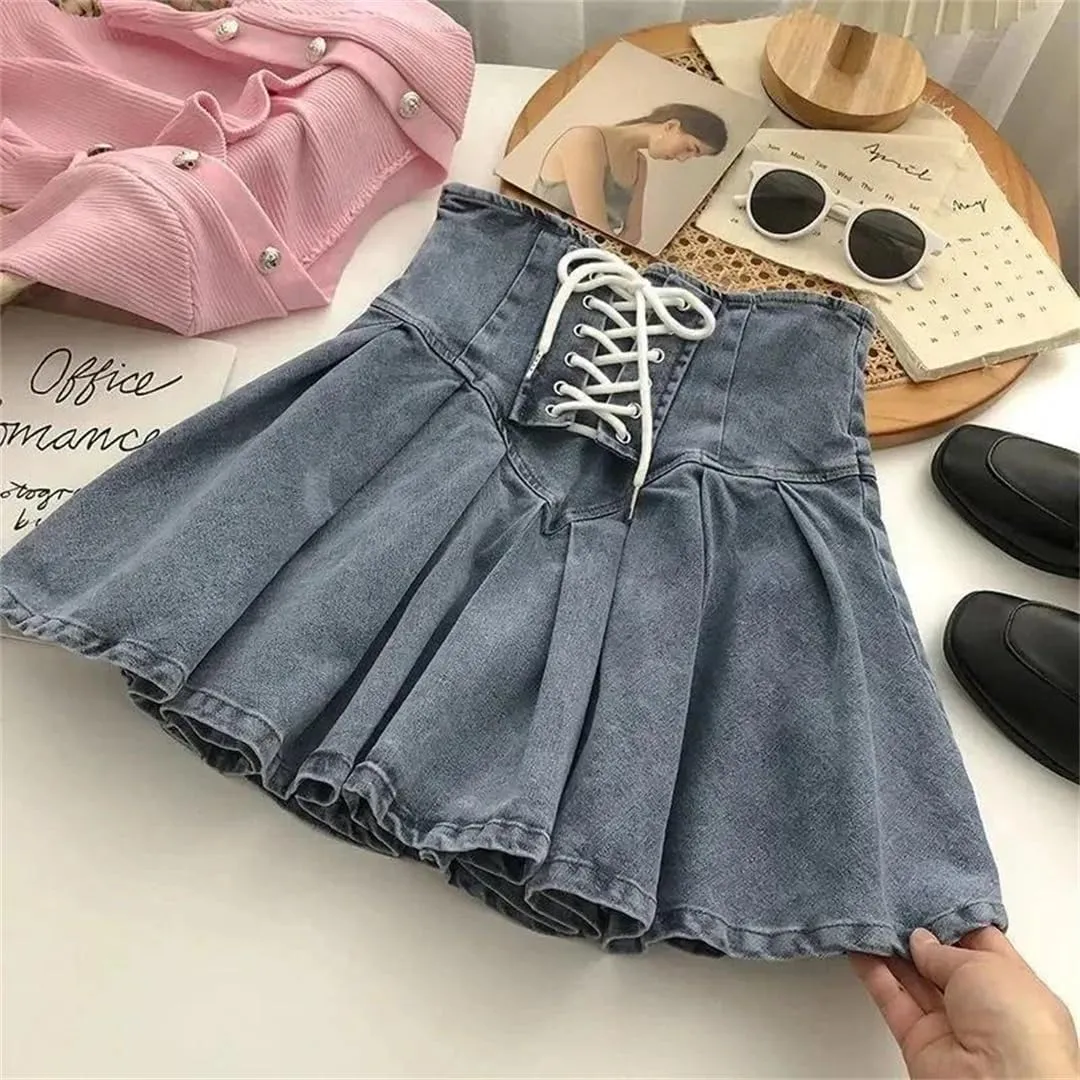 Summer Lace Up A Line Skirt Women's Sexy High Waist Denim Pleated Mini Skirt