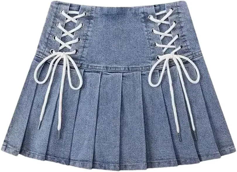 Summer Lace Up A Line Skirt Women's Sexy High Waist Denim Pleated Mini Skirt