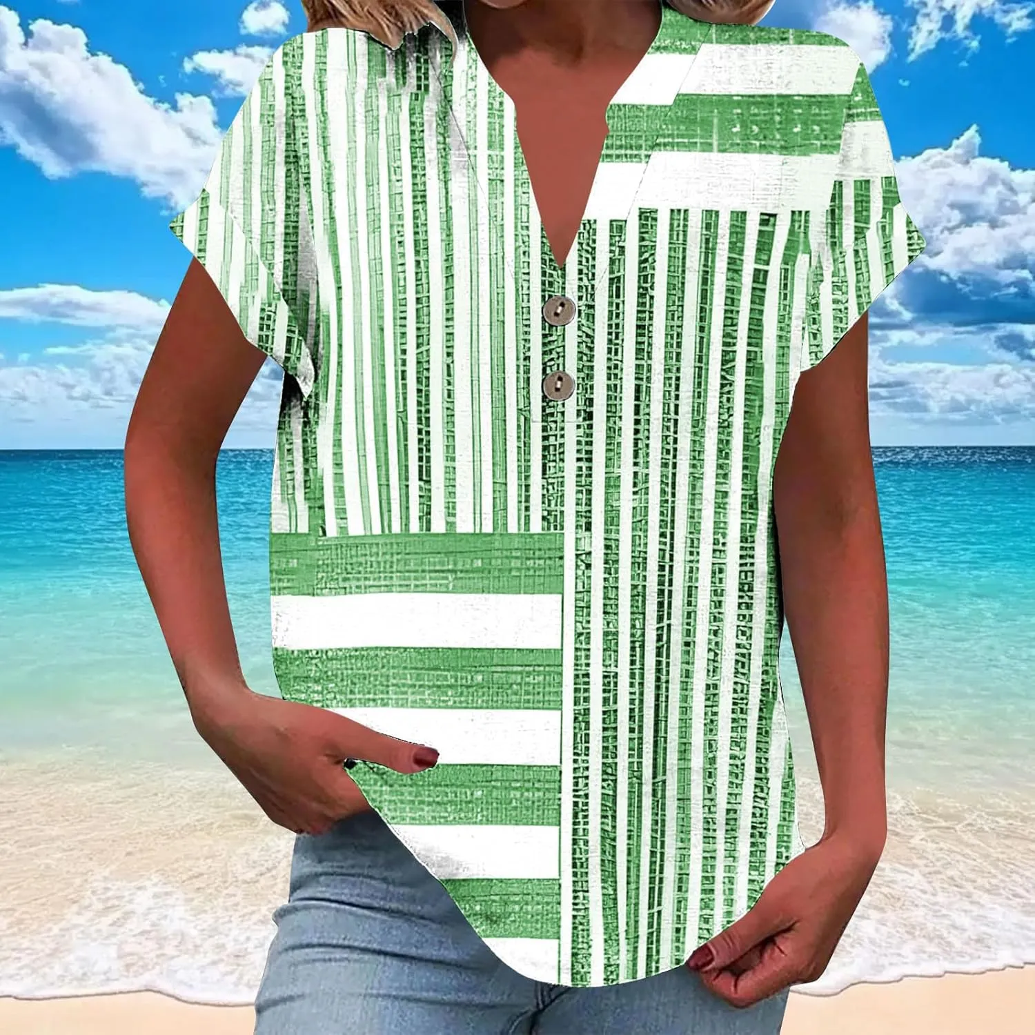 Summer Linen Shirts for Women V Neck Button Down Shirt Casual Loose Fit Tops Floral Print Short Sleeve Blouses 2025
