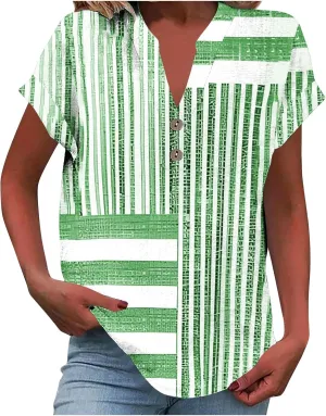 Summer Linen Shirts for Women V Neck Button Down Shirt Casual Loose Fit Tops Floral Print Short Sleeve Blouses 2025