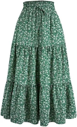 Summer Skirt for Women Comfy Tiered Elastic High Waisted Pleated Skirts Vacation A-Line Flowy Swing Long Skirts