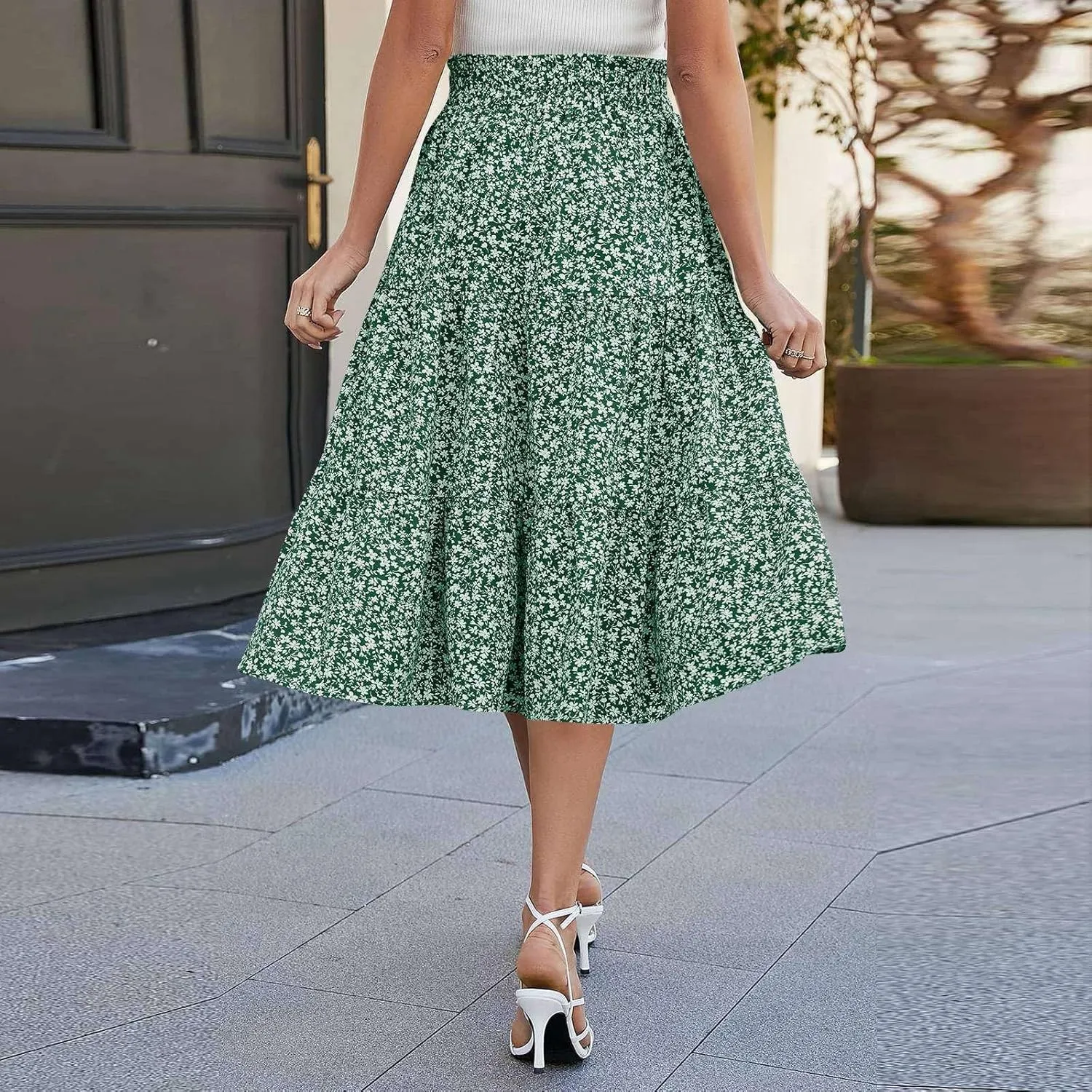 Summer Skirt for Women Comfy Tiered Elastic High Waisted Pleated Skirts Vacation A-Line Flowy Swing Long Skirts