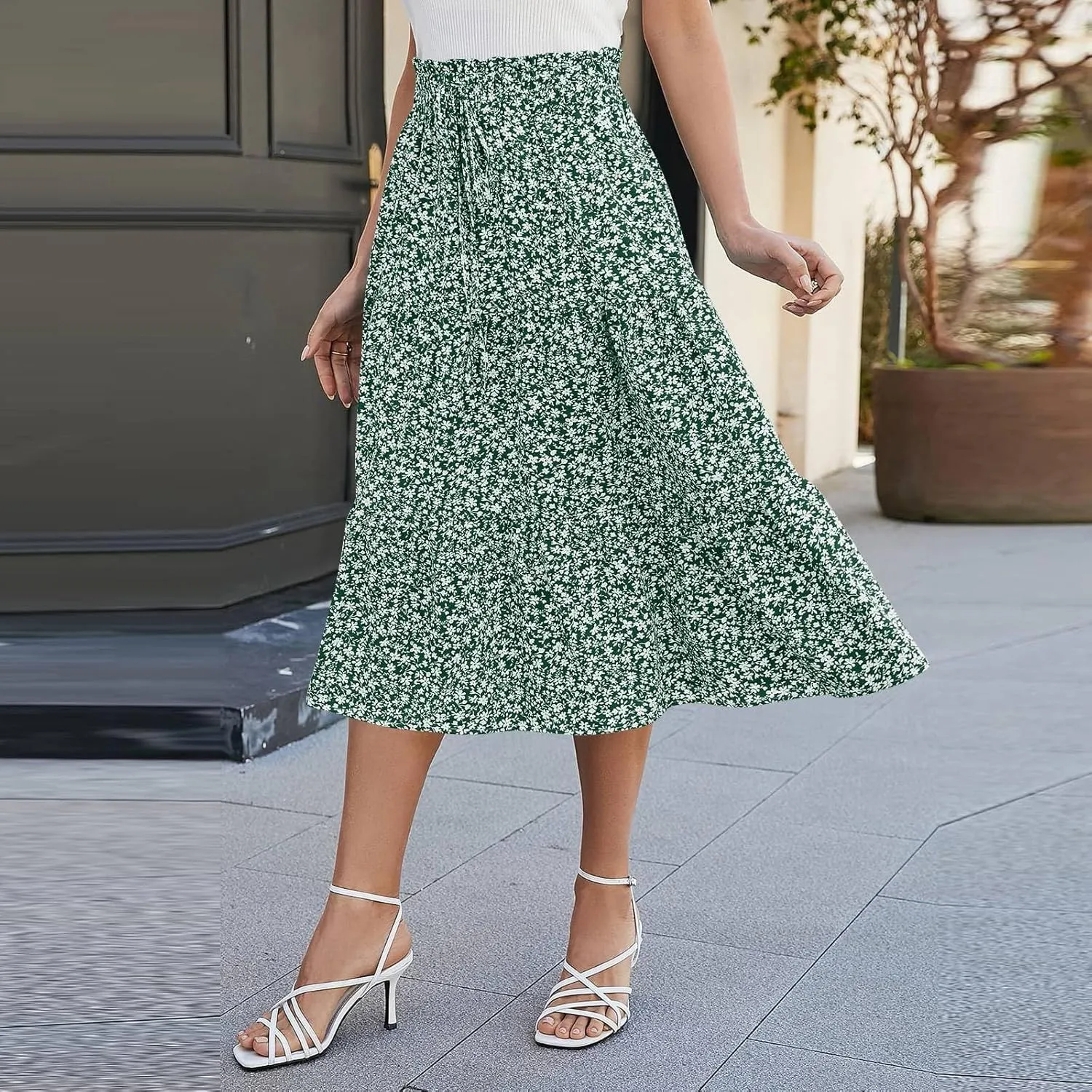 Summer Skirt for Women Comfy Tiered Elastic High Waisted Pleated Skirts Vacation A-Line Flowy Swing Long Skirts