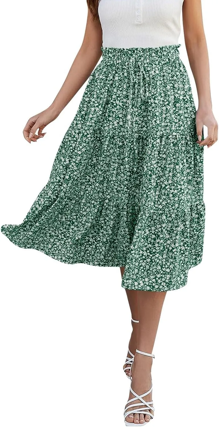 Summer Skirt for Women Comfy Tiered Elastic High Waisted Pleated Skirts Vacation A-Line Flowy Swing Long Skirts