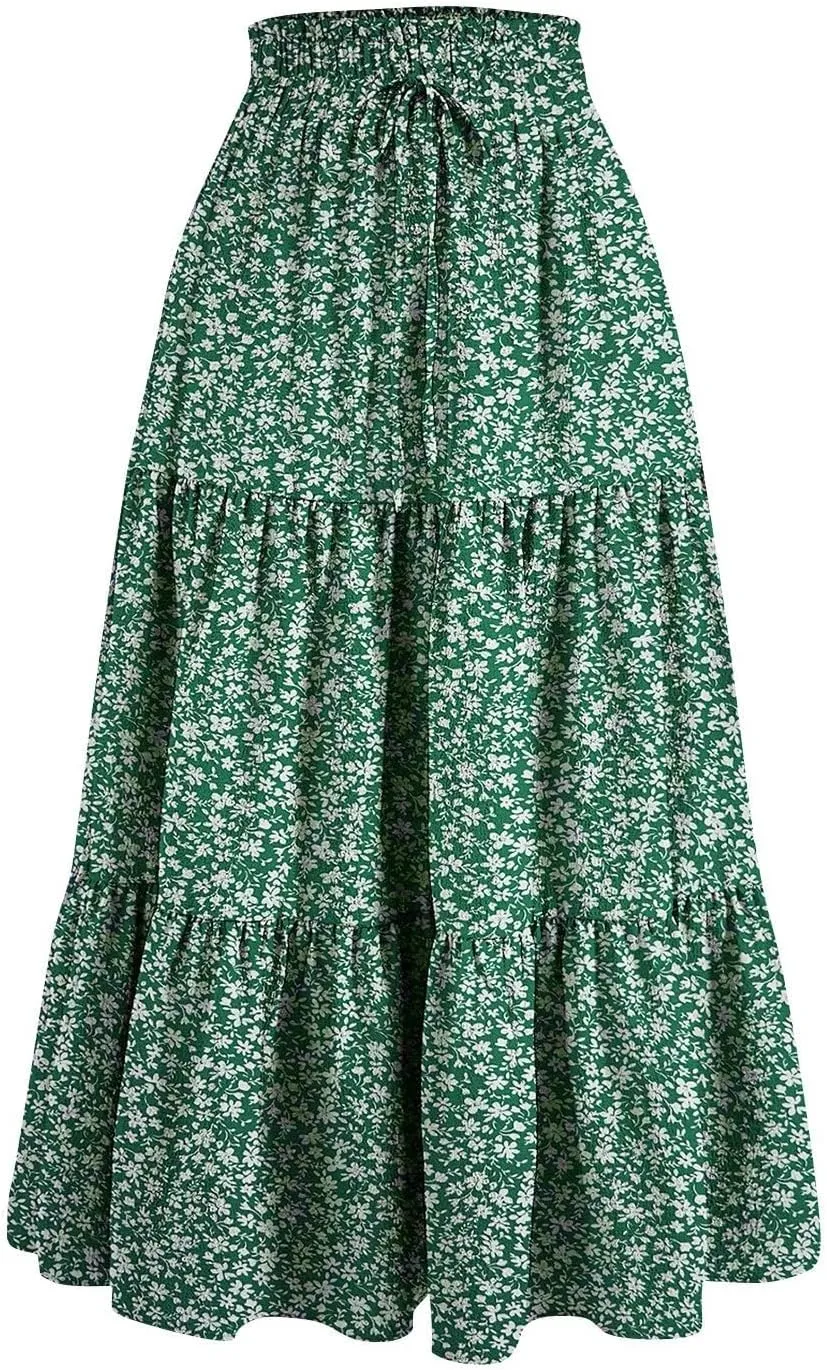 Summer Skirt for Women Comfy Tiered Elastic High Waisted Pleated Skirts Vacation A-Line Flowy Swing Long Skirts