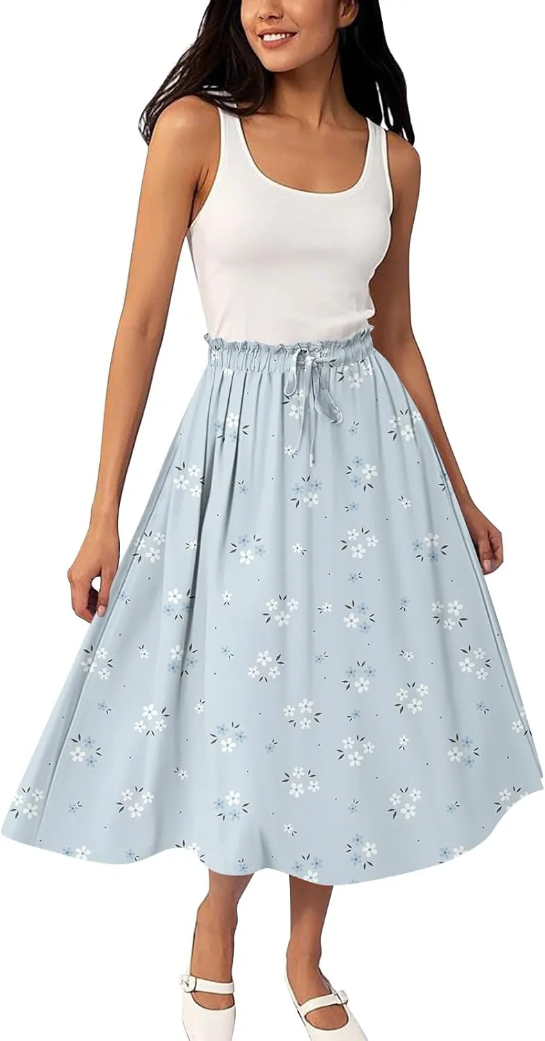 Summer Skirt for Women Midi Wrap Skirt Drawstring High Waist Knee Length Skirts A Line Floral Graphic Bohemian Skirt
