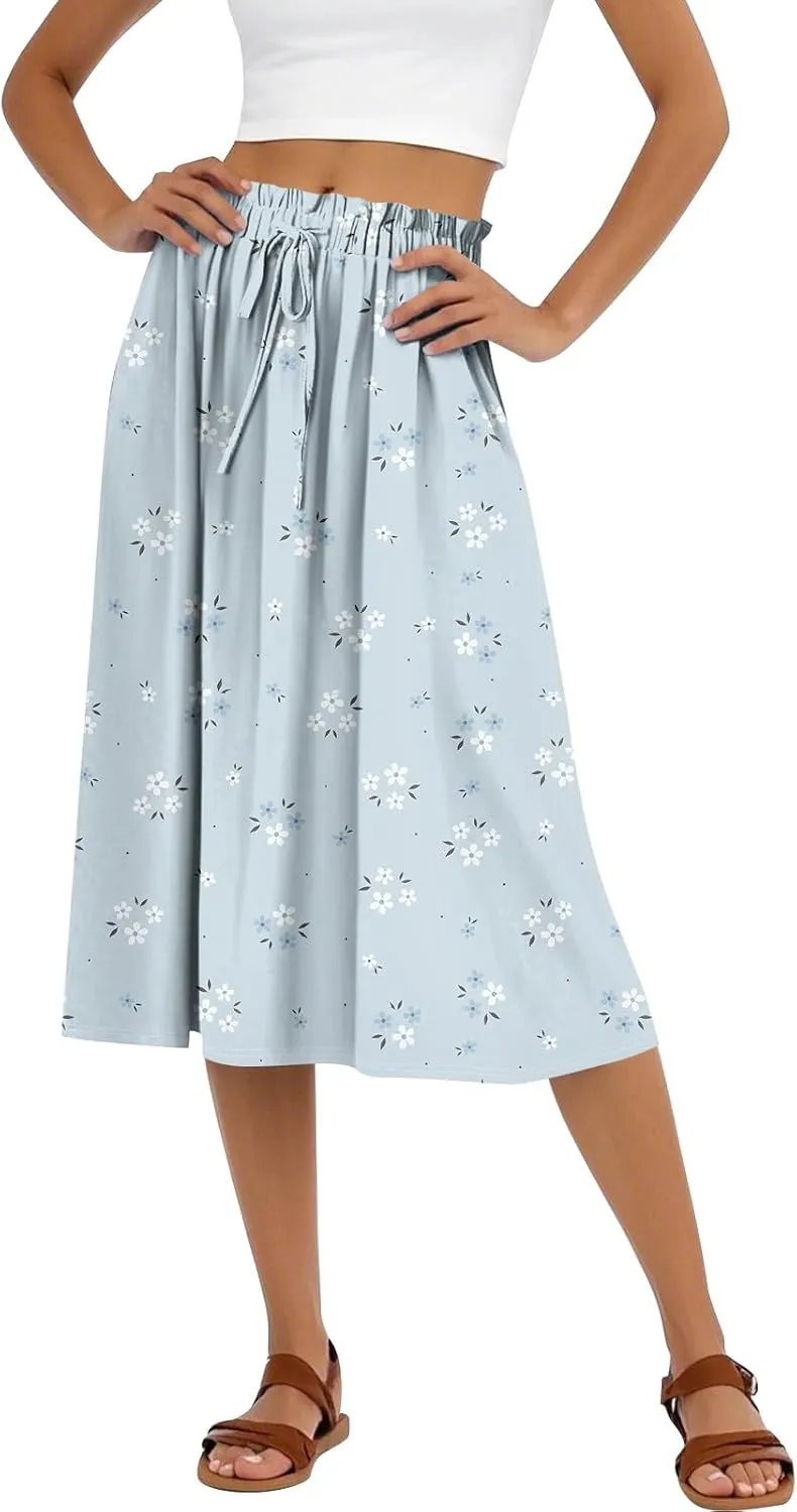 Summer Skirt for Women Midi Wrap Skirt Drawstring High Waist Knee Length Skirts A Line Floral Graphic Bohemian Skirt