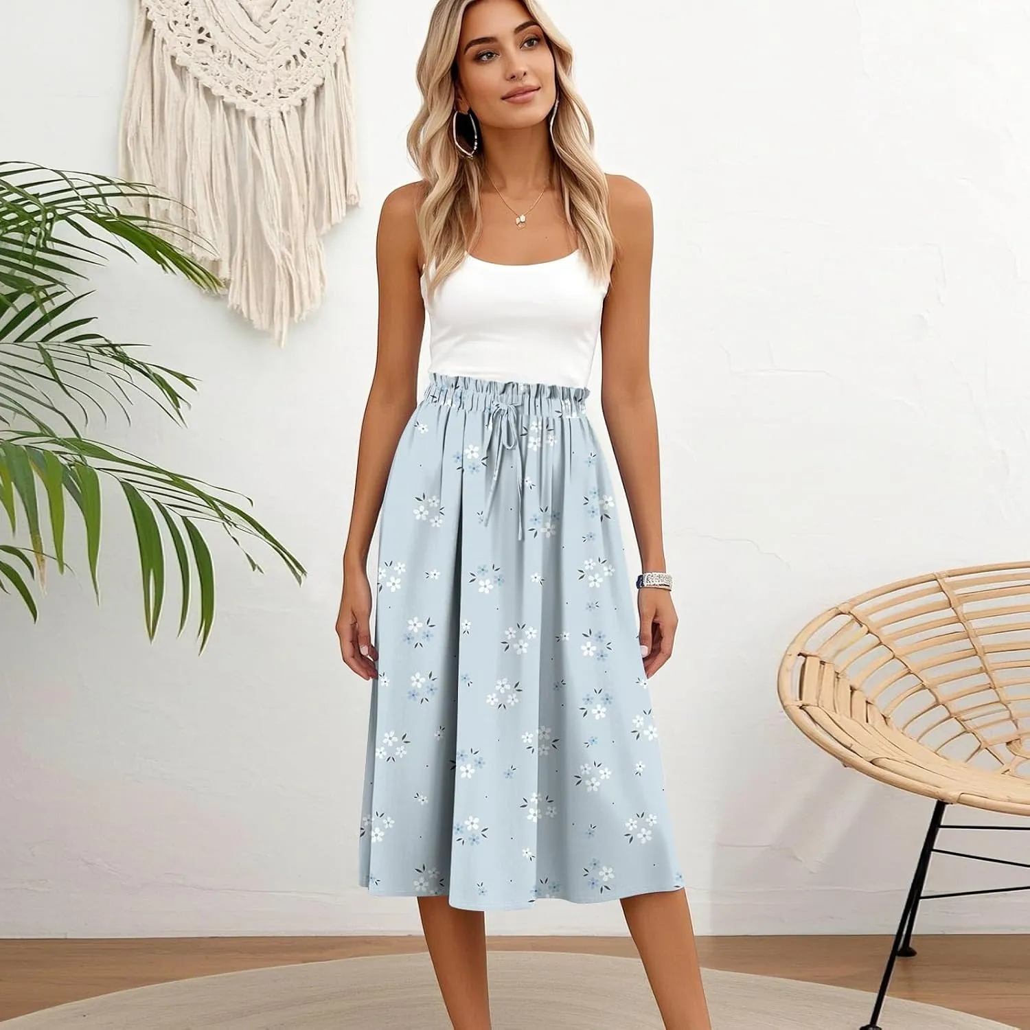 Summer Skirt for Women Midi Wrap Skirt Drawstring High Waist Knee Length Skirts A Line Floral Graphic Bohemian Skirt