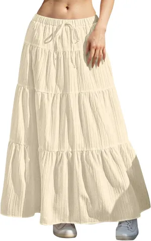 Summer Skirts for Women Y2K Cute A Line Tiered Ruffle Skirt Boho Drawstring Elastic Waist A-Line Maxi Skirt