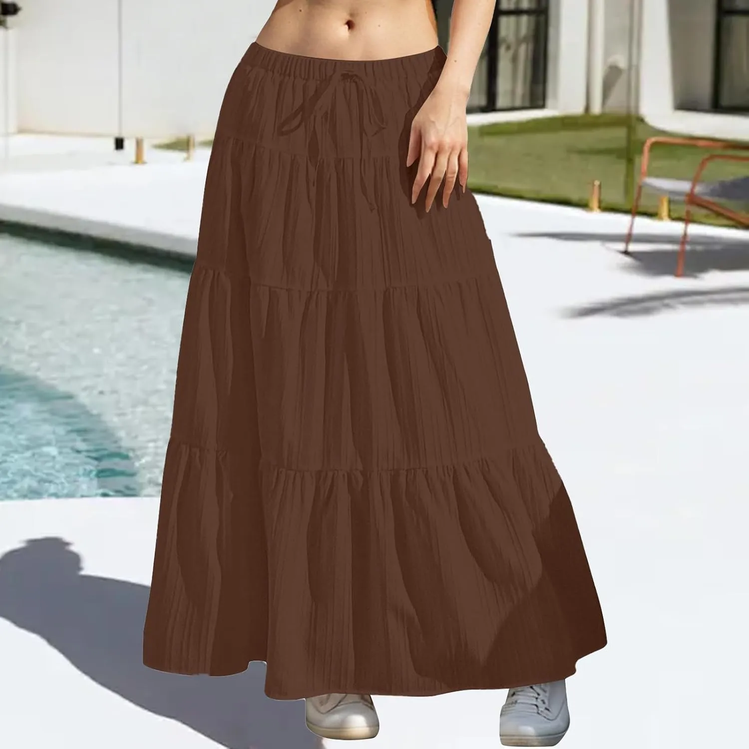 Summer Skirts for Women Y2K Cute A Line Tiered Ruffle Skirt Boho Drawstring Elastic Waist A-Line Maxi Skirt