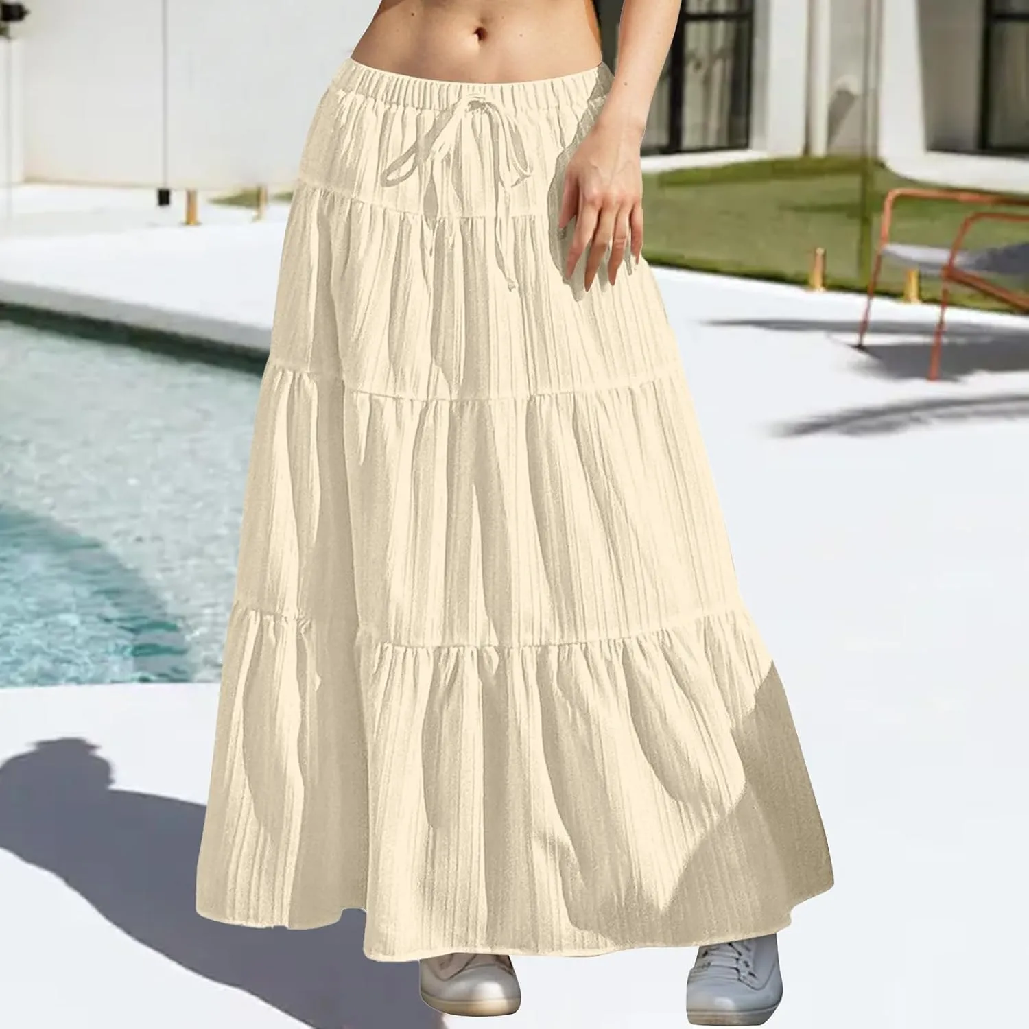 Summer Skirts for Women Y2K Cute A Line Tiered Ruffle Skirt Boho Drawstring Elastic Waist A-Line Maxi Skirt