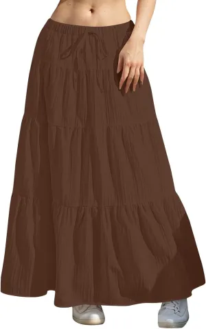 Summer Skirts for Women Y2K Cute A Line Tiered Ruffle Skirt Boho Drawstring Elastic Waist A-Line Maxi Skirt