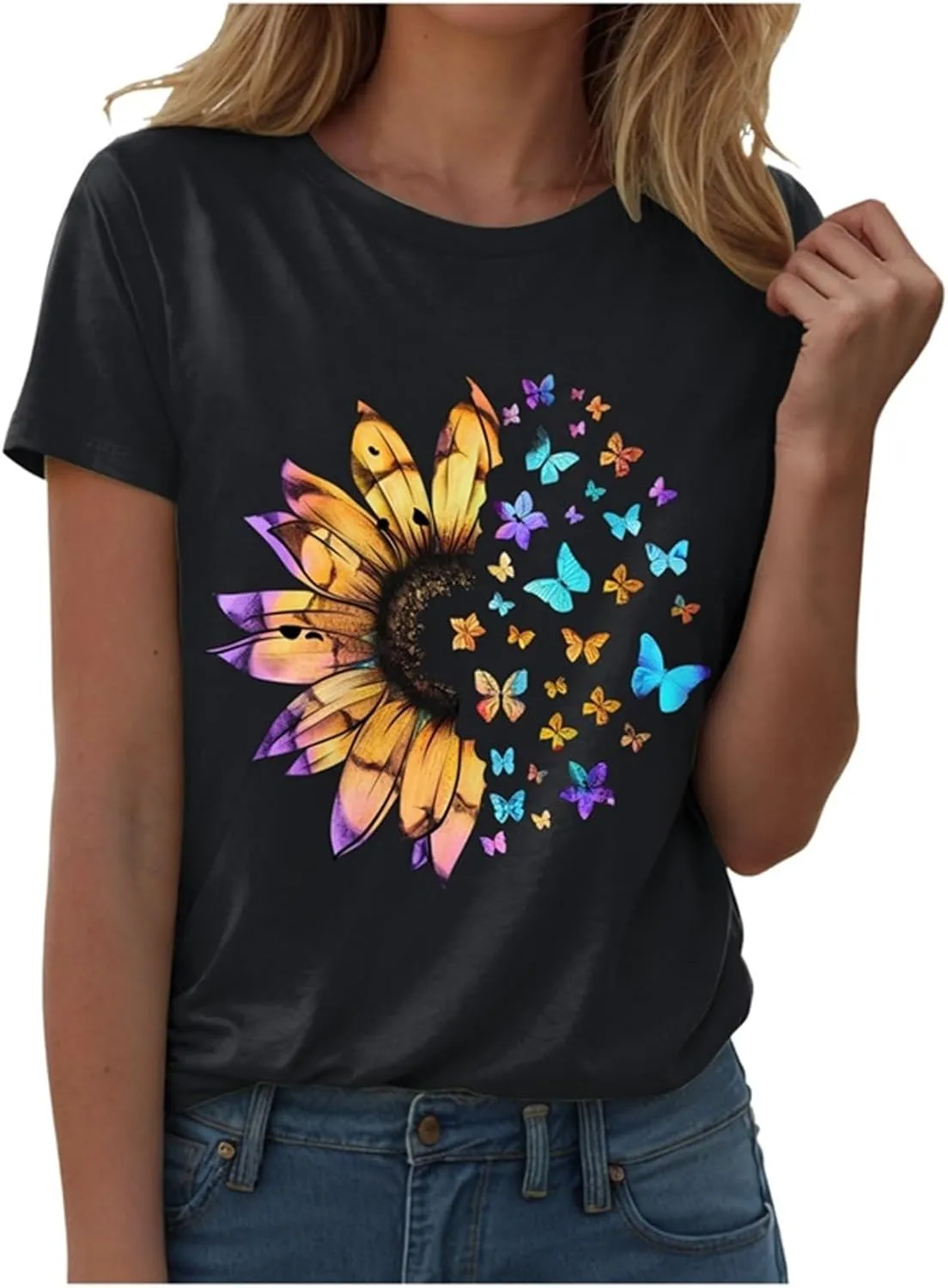 Summer Tops for Women 2025 Crew Neck Short Sleeve T Shirt Dressy Casual Blouse Printed Loose Trendy Outfit