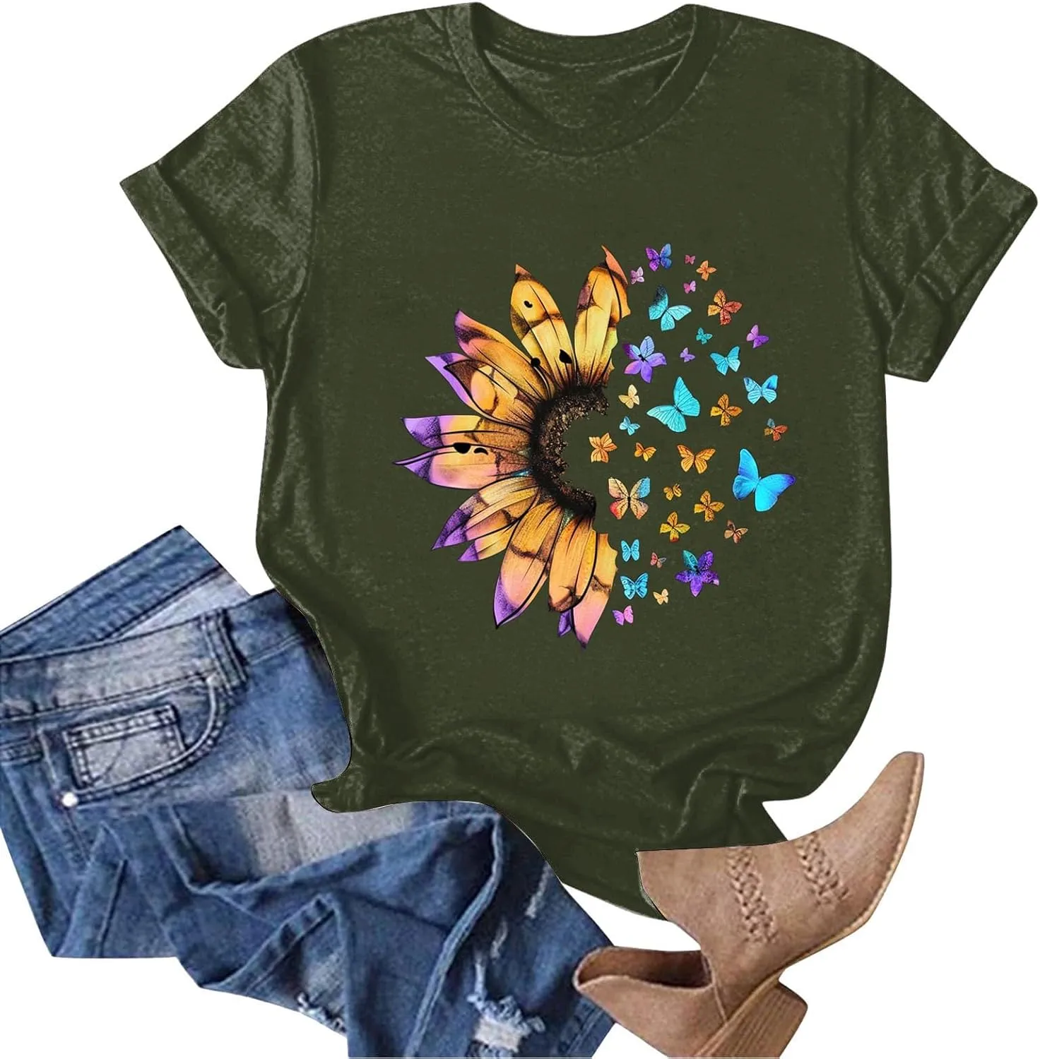 Summer Tops for Women 2025 Crew Neck Short Sleeve T Shirt Dressy Casual Blouse Printed Loose Trendy Outfit