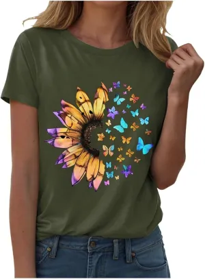 Summer Tops for Women 2025 Crew Neck Short Sleeve T Shirt Dressy Casual Blouse Printed Loose Trendy Outfit