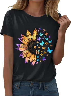 Summer Tops for Women 2025 Crew Neck Short Sleeve T Shirt Dressy Casual Blouse Printed Loose Trendy Outfit