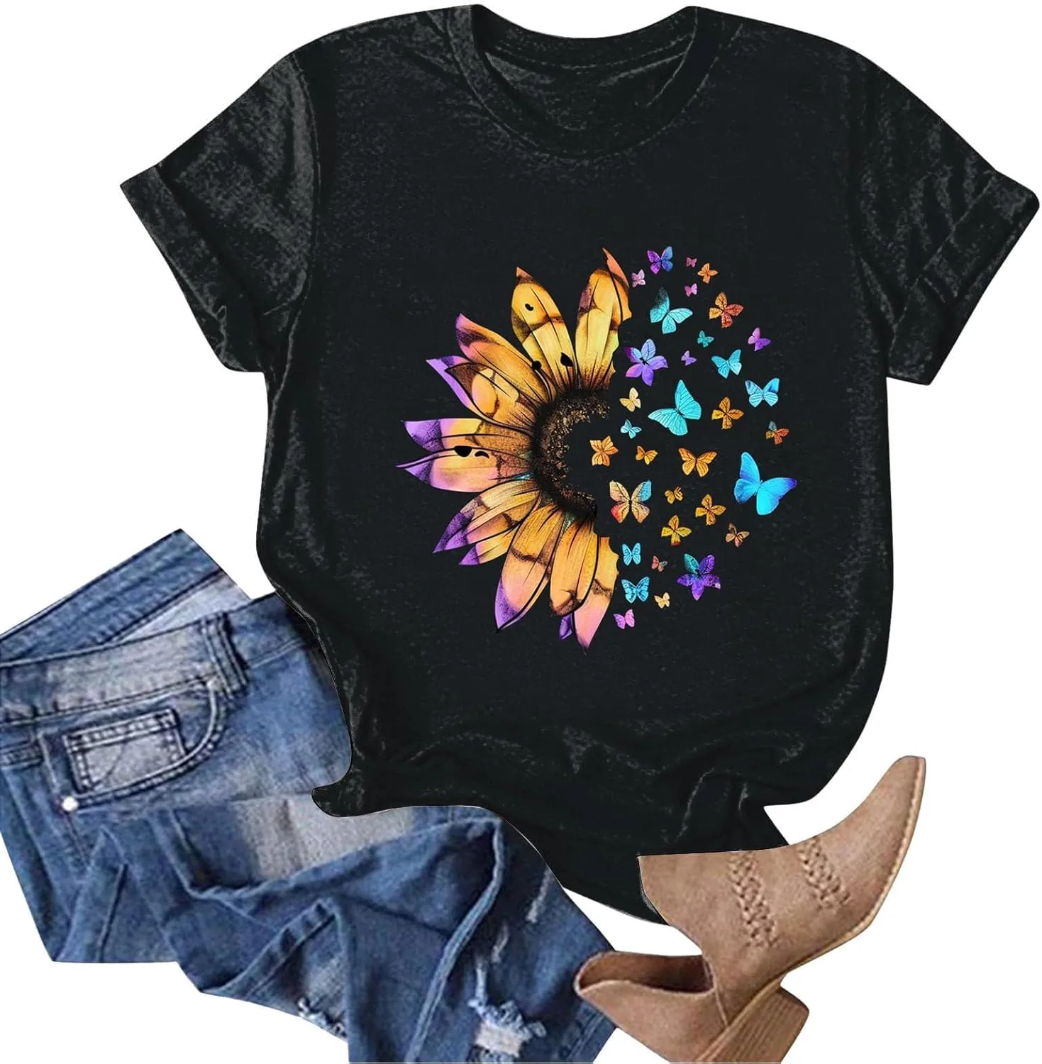 Summer Tops for Women 2025 Crew Neck Short Sleeve T Shirt Dressy Casual Blouse Printed Loose Trendy Outfit