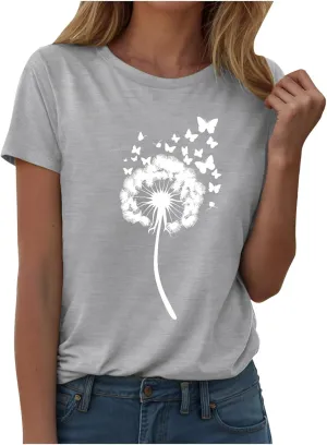 Summer Tops for Women 2025 Crewneck Short Sleeve T Shirts Dressy Casual Top Fashion Loose Cute Printed Blouse
