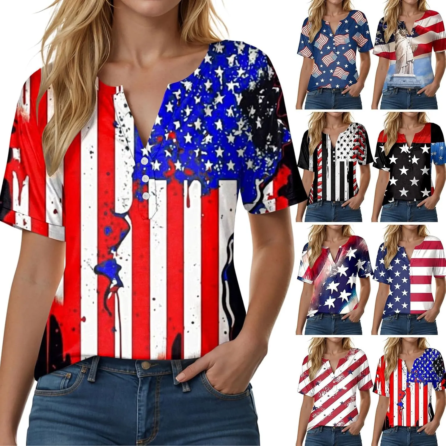 Summer Tops for Women 2025 Henley V Neck Short Sleeve Shirt Button Down Shirt Comfy Blouse Dressy Floral Printed