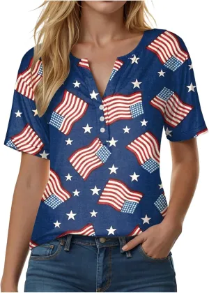 Summer Tops for Women 2025 Henley V Neck Short Sleeve Shirt Button Down Shirt Comfy Blouse Dressy Floral Printed