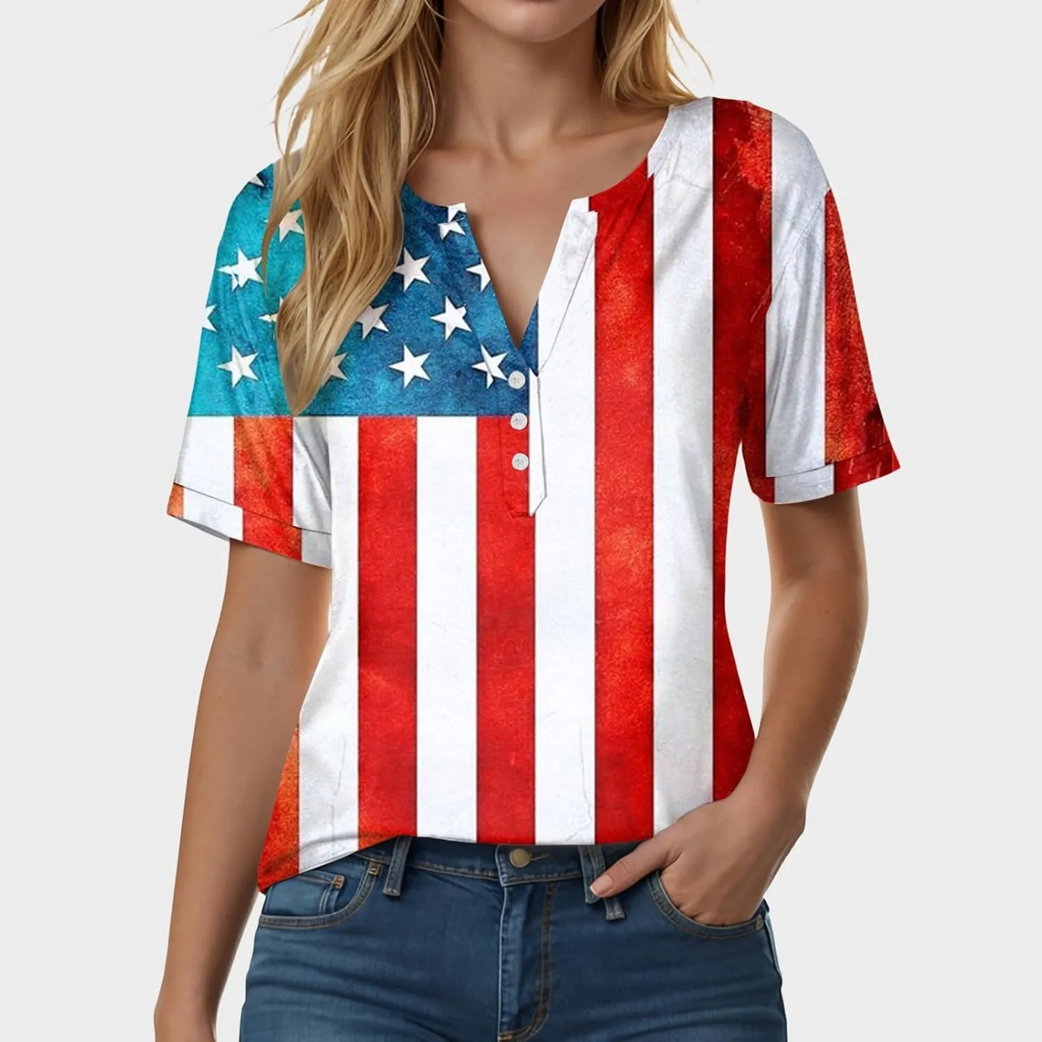Summer Tops for Women 2025 Henley V Neck Short Sleeve Shirt Button Down Shirt Comfy Blouse Dressy Floral Printed