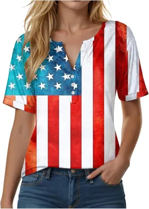 Summer Tops for Women 2025 Henley V Neck Short Sleeve Shirt Button Down Shirt Comfy Blouse Dressy Floral Printed