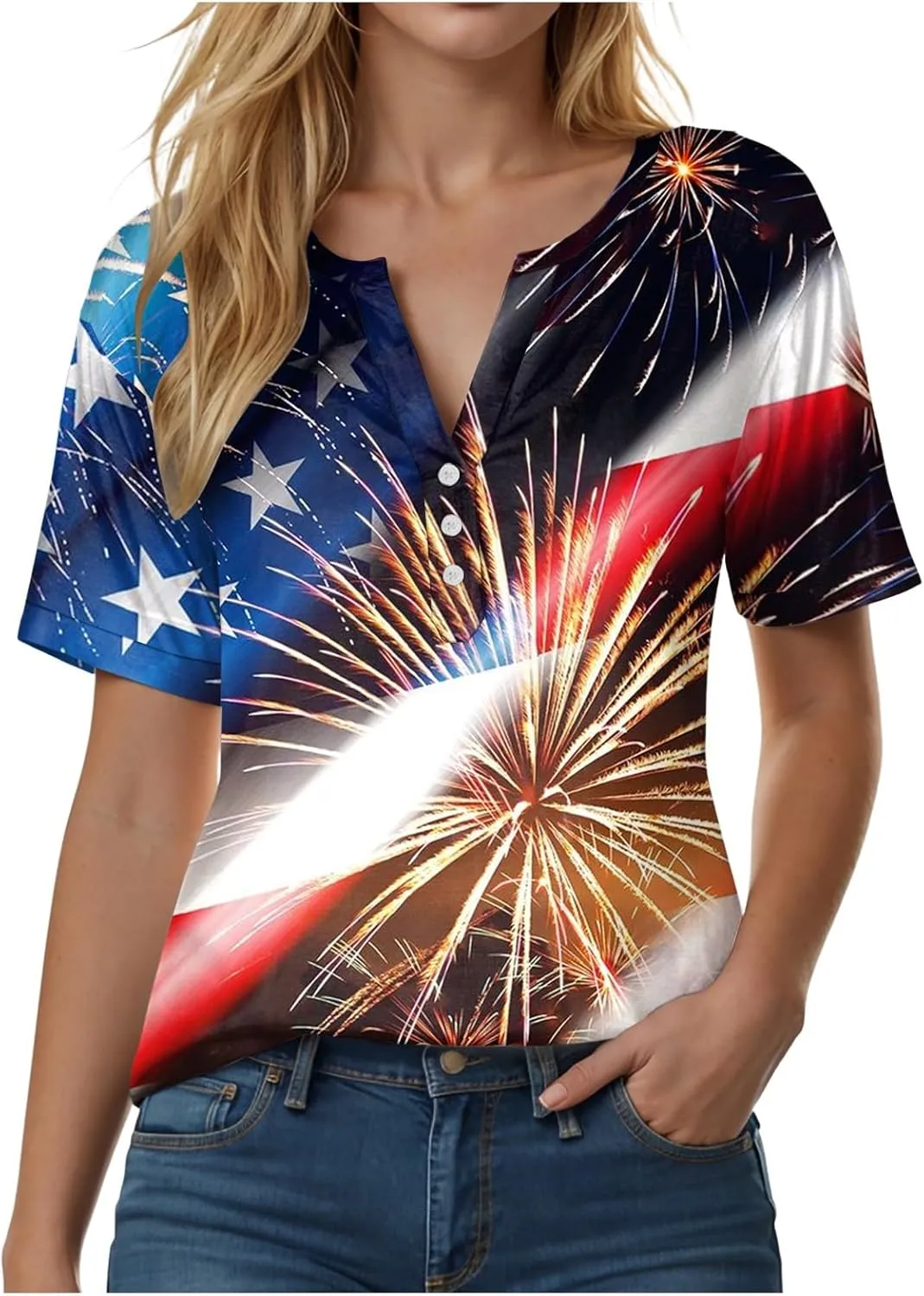 Summer Tops for Women 2025 Henley V Neck Short Sleeve Shirt Button Down Shirt Comfy Blouse Dressy Floral Printed