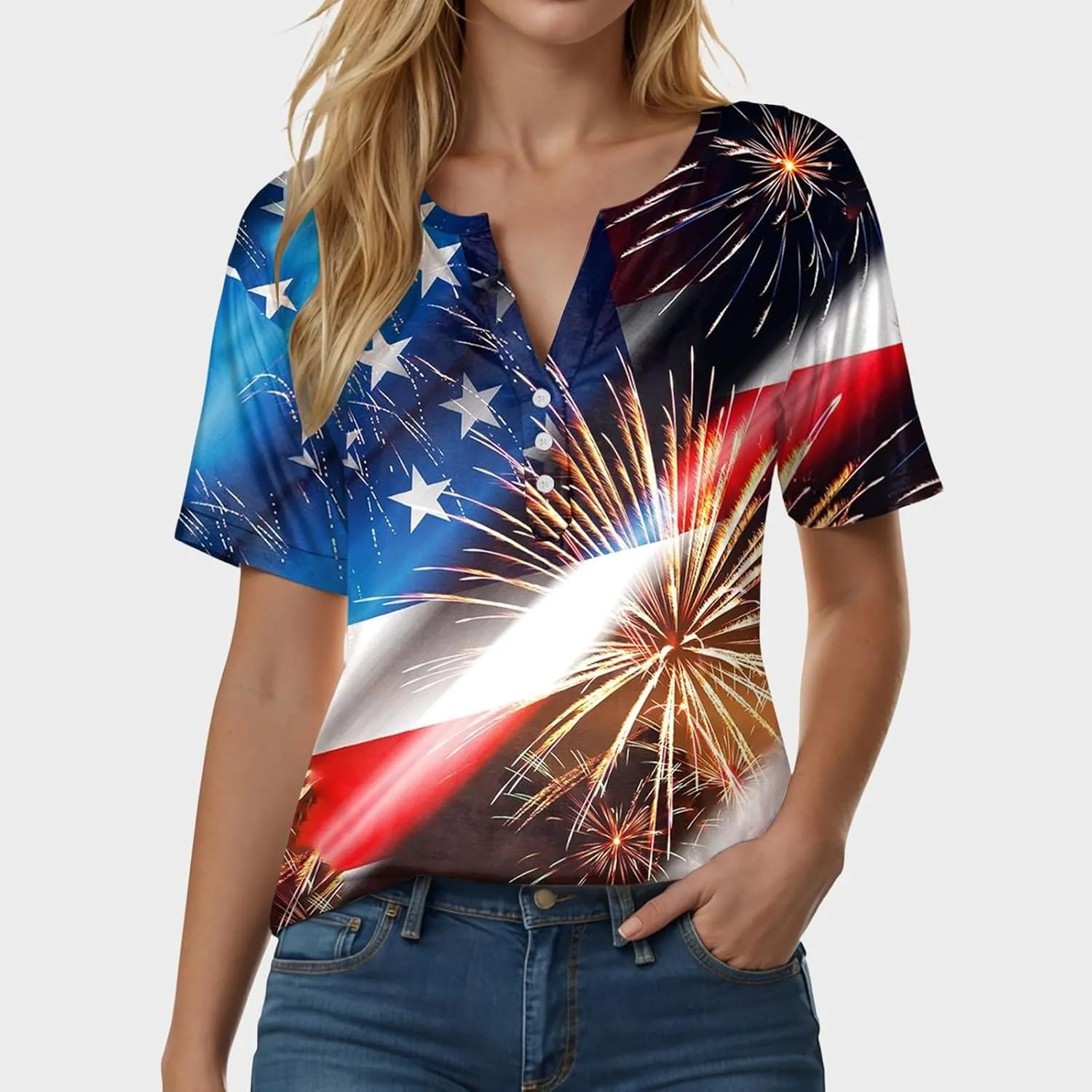 Summer Tops for Women 2025 Henley V Neck Short Sleeve Shirt Button Down Shirt Comfy Blouse Dressy Floral Printed