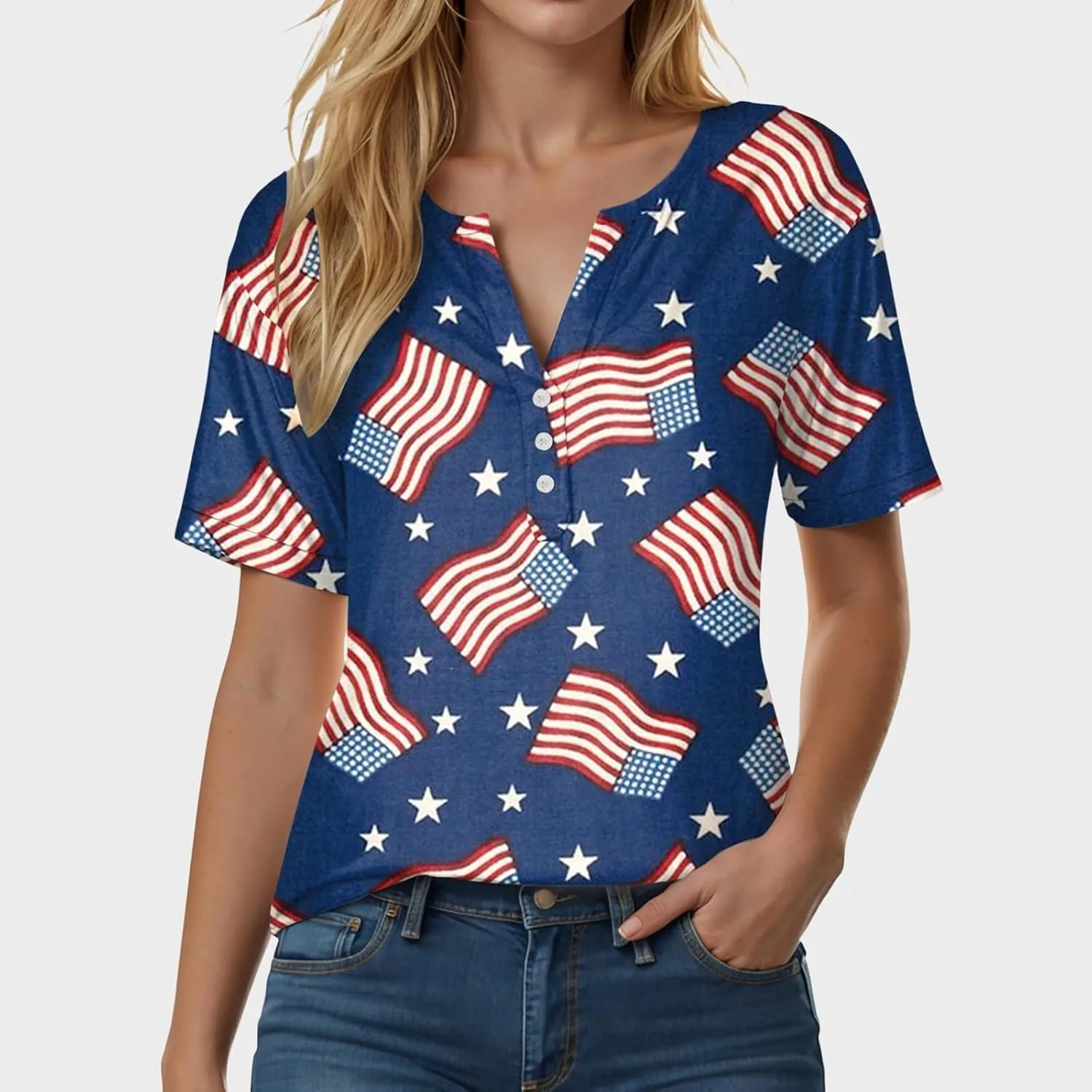 Summer Tops for Women 2025 Henley V Neck Short Sleeve Shirt Button Down Shirt Comfy Blouse Dressy Floral Printed