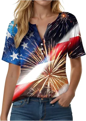 Summer Tops for Women 2025 Henley V Neck Short Sleeve Shirt Button Down Shirt Comfy Blouse Dressy Floral Printed