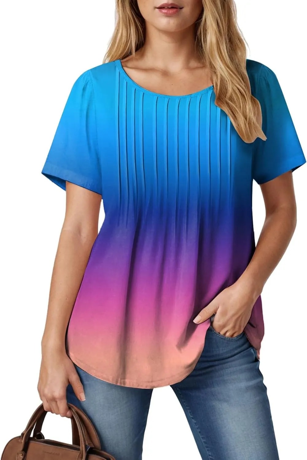 Summer Tops for Women 2025 Short Sleeve Pleated Dressy Casual Crewneck Summer Tops Print Blouses Fashion