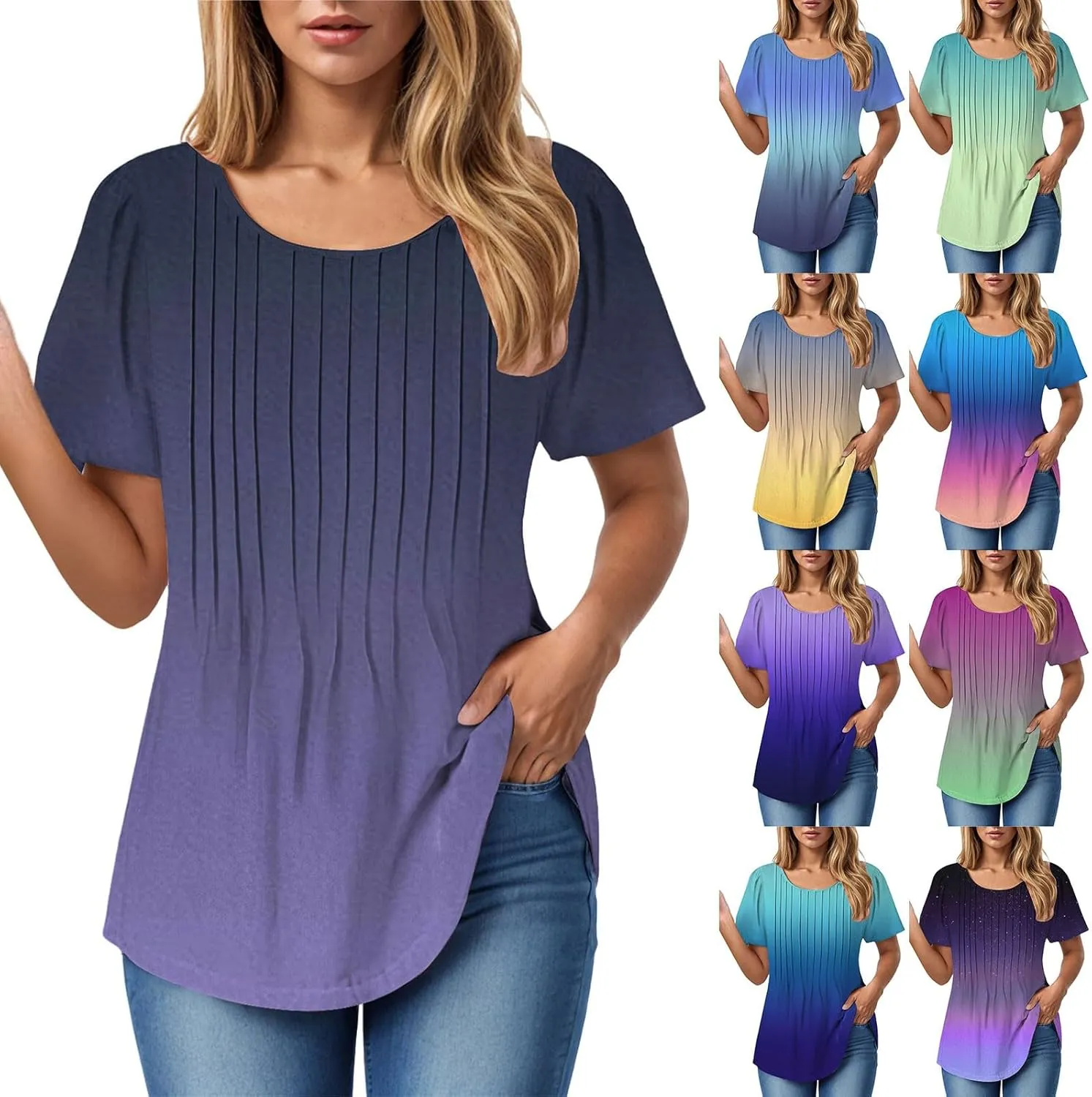 Summer Tops for Women 2025 Short Sleeve Pleated Dressy Casual Crewneck Summer Tops Print Blouses Fashion