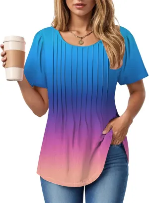 Summer Tops for Women 2025 Short Sleeve Pleated Dressy Casual Crewneck Summer Tops Print Blouses Fashion