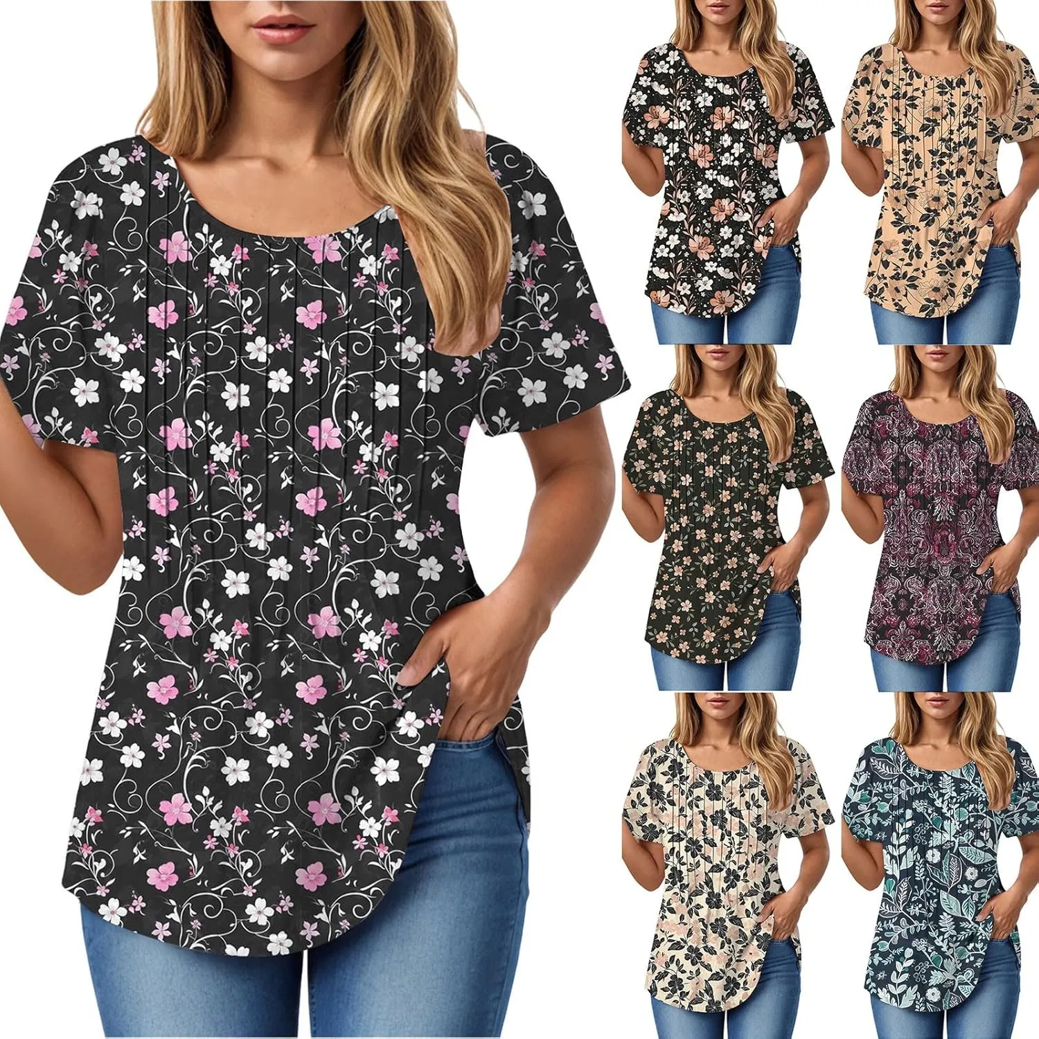 Summer Tops for Women 2025 Short Sleeve Pleated Dressy Casual Crewneck Summer Tops Print Blouses Fashion
