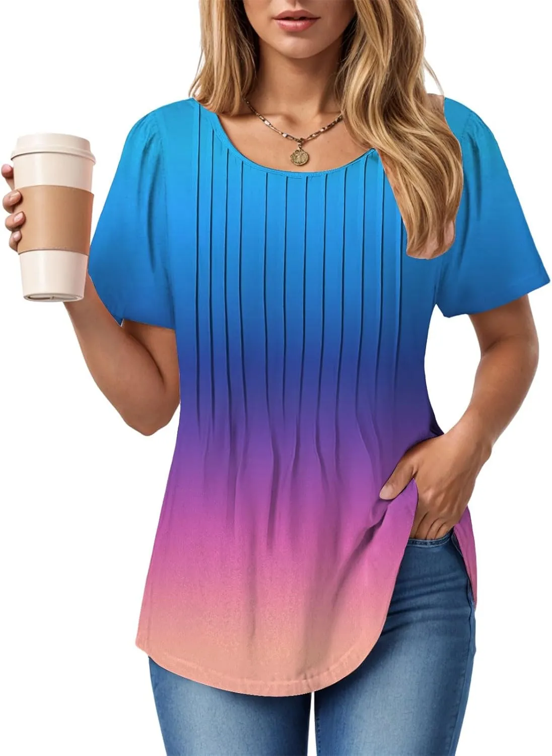 Summer Tops for Women 2025 Short Sleeve Pleated Dressy Casual Crewneck Summer Tops Print Blouses Fashion