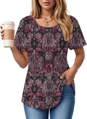 Summer Tops for Women 2025 Short Sleeve Pleated Dressy Casual Crewneck Summer Tops Print Blouses Fashion
