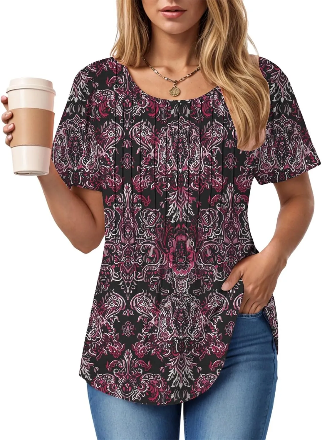 Summer Tops for Women 2025 Short Sleeve Pleated Dressy Casual Crewneck Summer Tops Print Blouses Fashion