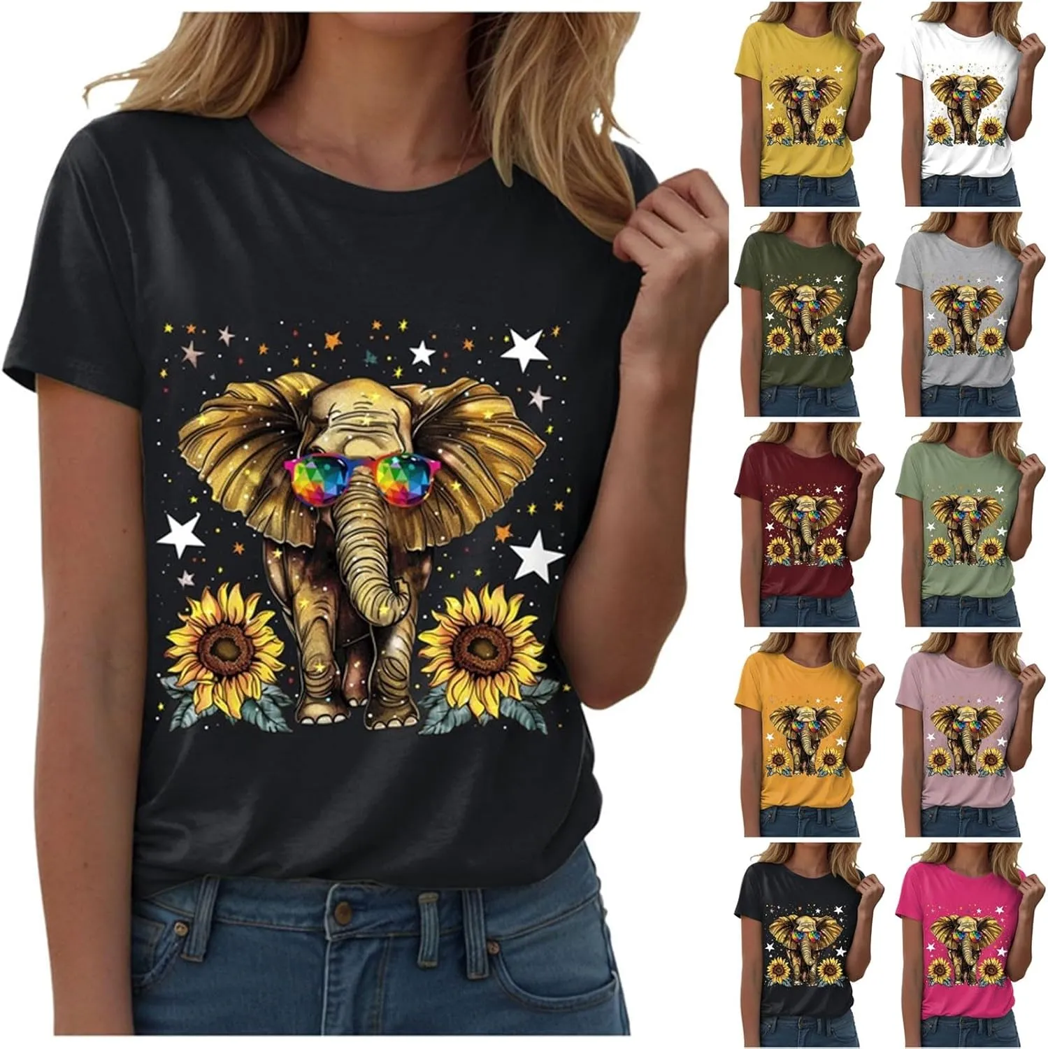 Summer Tops for Women 2025 Short Sleeve Sunflower T-Shirt Cute Funny Graphic Tee Teen Girls Casual Shirt