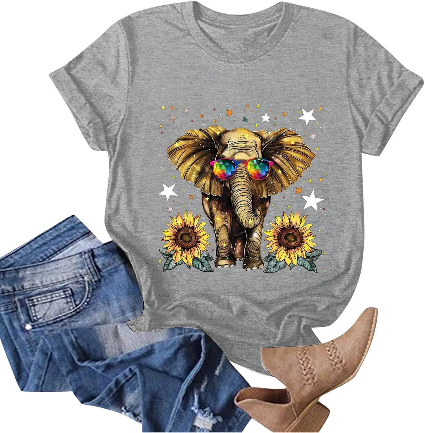 Summer Tops for Women 2025 Short Sleeve Sunflower T-Shirt Cute Funny Graphic Tee Teen Girls Casual Shirt