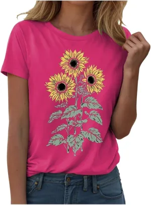 Summer Tops for Women 2025 Sunflower Graphic Tees Crewneck Short Sleeve Summer Tops Casual Loose Cotton Tshirts