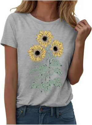 Summer Tops for Women 2025 Sunflower Graphic Tees Crewneck Short Sleeve Summer Tops Casual Loose Cotton Tshirts