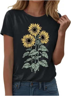 Summer Tops for Women 2025 Sunflower Graphic Tees Crewneck Short Sleeve Summer Tops Casual Loose Cotton Tshirts