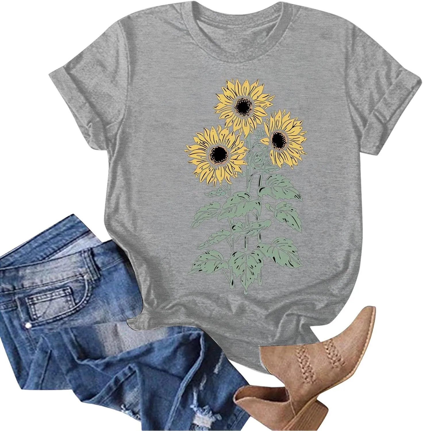 Summer Tops for Women 2025 Sunflower Graphic Tees Crewneck Short Sleeve Summer Tops Casual Loose Cotton Tshirts
