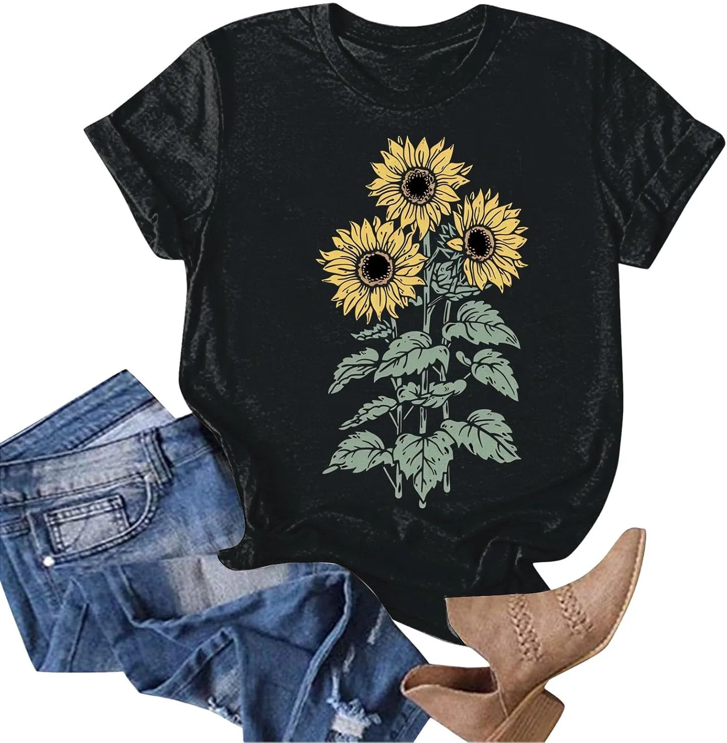 Summer Tops for Women 2025 Sunflower Graphic Tees Crewneck Short Sleeve Summer Tops Casual Loose Cotton Tshirts