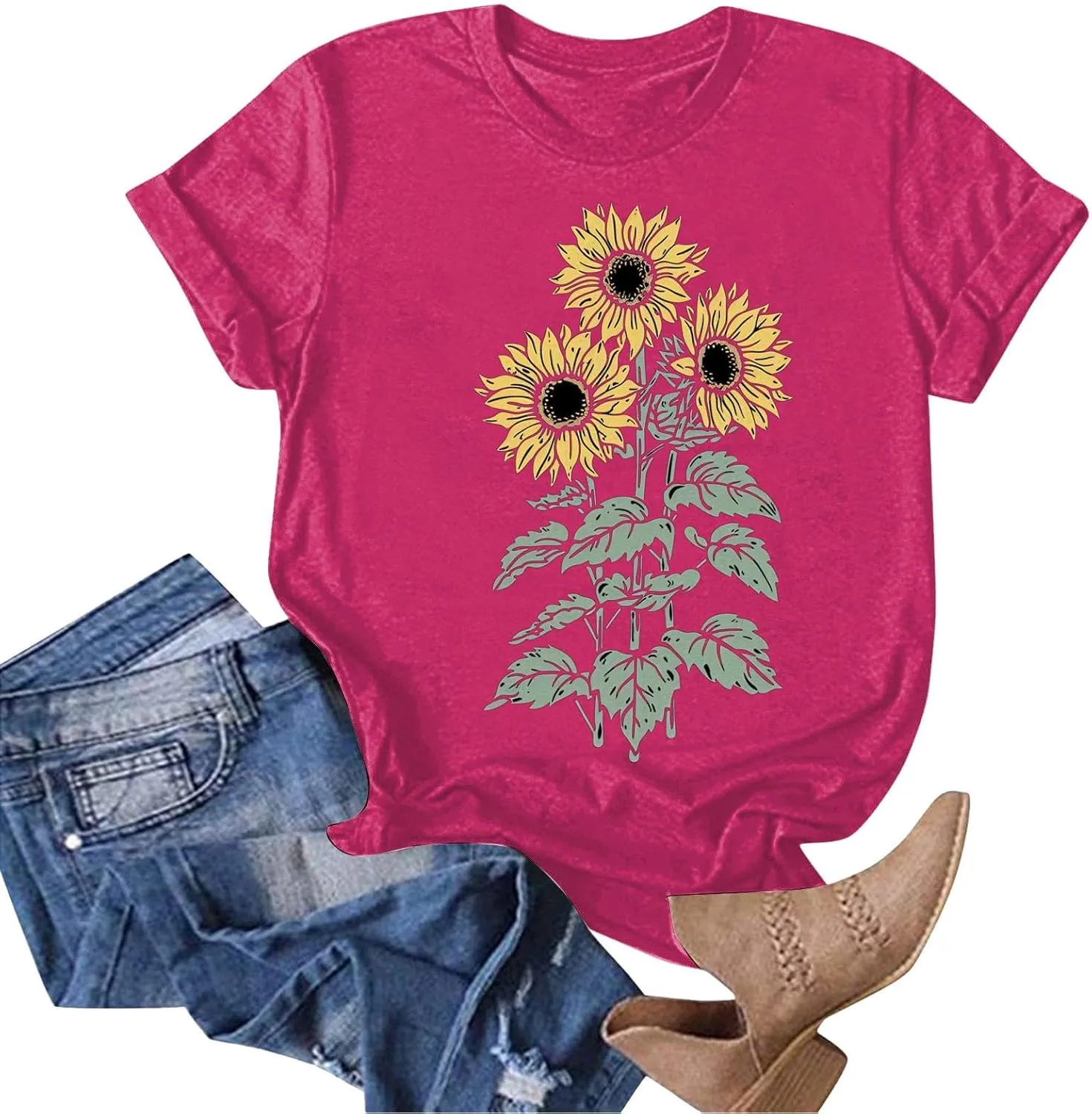 Summer Tops for Women 2025 Sunflower Graphic Tees Crewneck Short Sleeve Summer Tops Casual Loose Cotton Tshirts