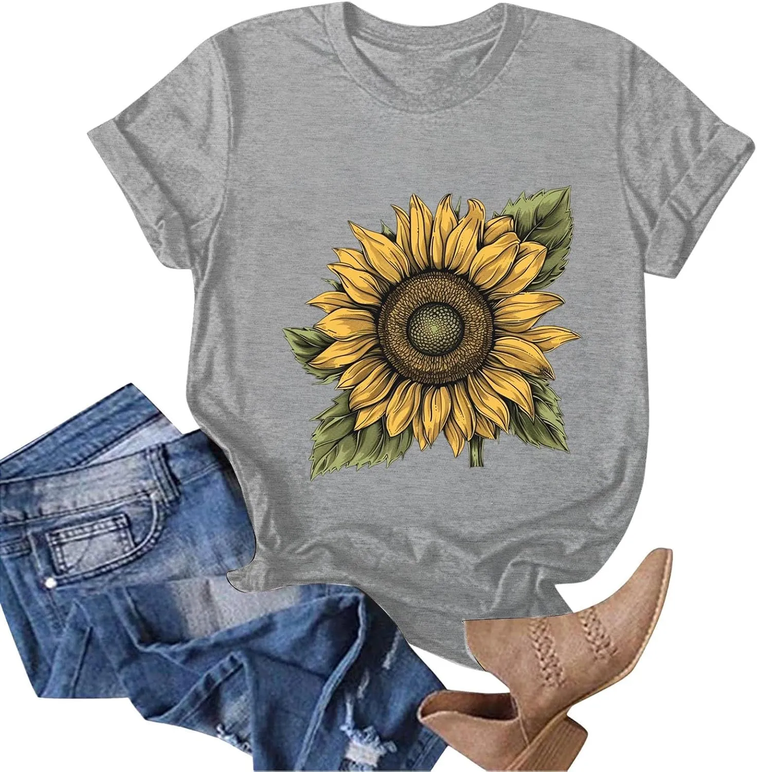 Summer Tops for Women 2025 Sunflower T Shirt Flower Graphic Loose Fit Classic Crewneck Short Sleeve Tops