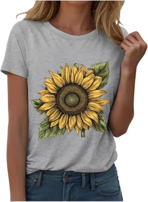 Summer Tops for Women 2025 Sunflower T Shirt Flower Graphic Loose Fit Classic Crewneck Short Sleeve Tops