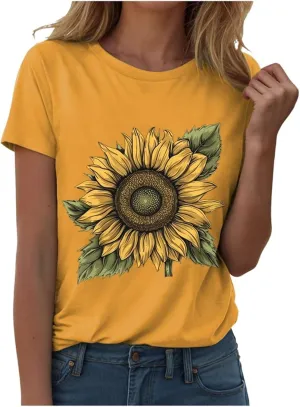 Summer Tops for Women 2025 Sunflower T Shirt Flower Graphic Loose Fit Classic Crewneck Short Sleeve Tops